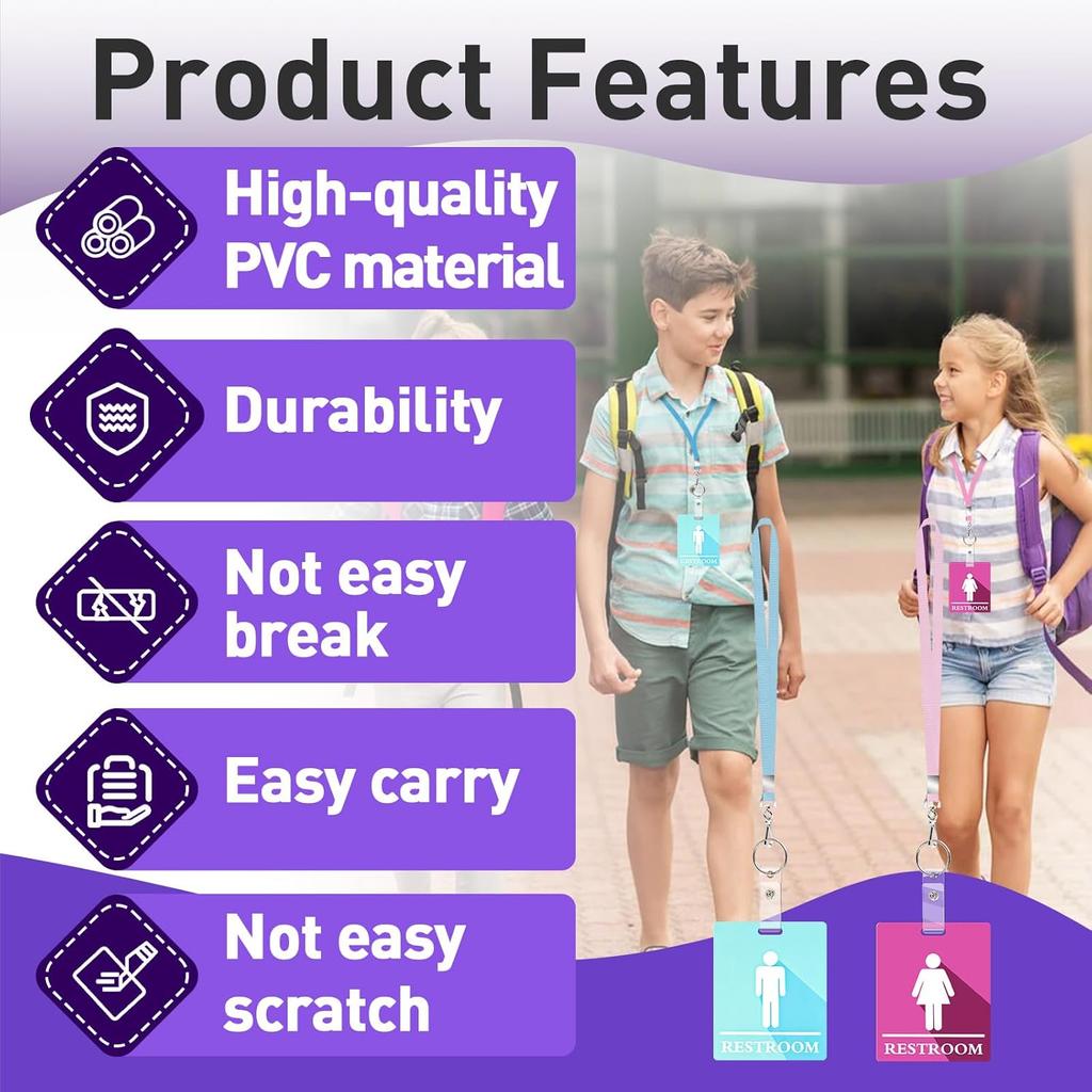 10 PCS Bathroom Passes for Classrooms Include Key Holder and Lanyard, Pink and Blue Bathroom Pass for Women Men, Bathroom Key Chain for Business