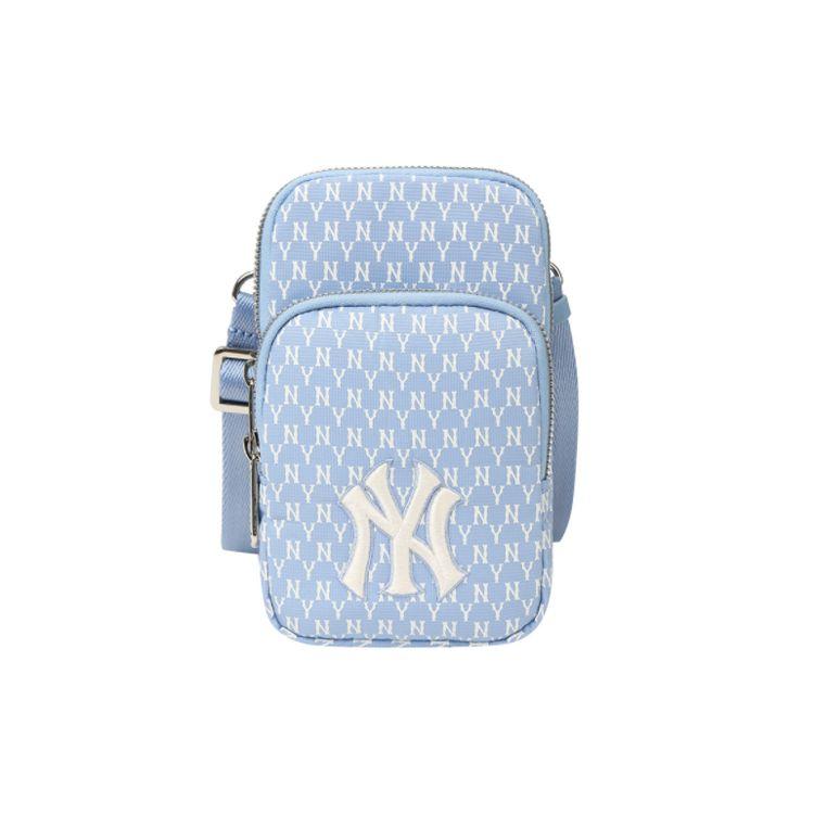 MLB Monogram Series Vintage All-Over Print NY Yankees Polyester Phone Bag Shoulder Bag Crossbody Bag Mini Unisex bags Sky-Blue 32BGDK111-50S