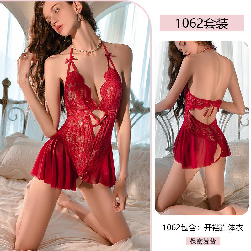 Erotic Underwear, Sexy neck-hanging lace Seductive open-crotch Jumpsuit, Pure Desire see-through uniform pajamas for Women 1062