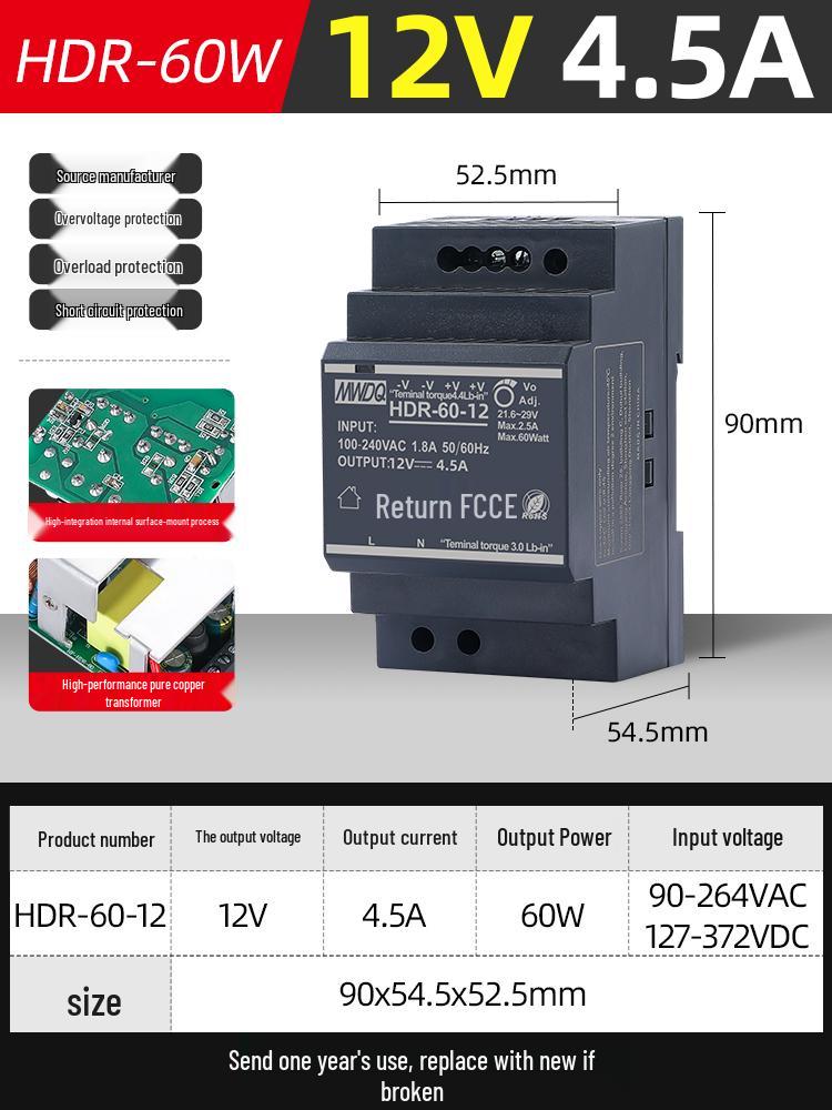HDR-30 DIN Rail 24V Switched-mode Power Supply, DR-60-12 DC Transformer 220V to 5V, 30/100/15W.