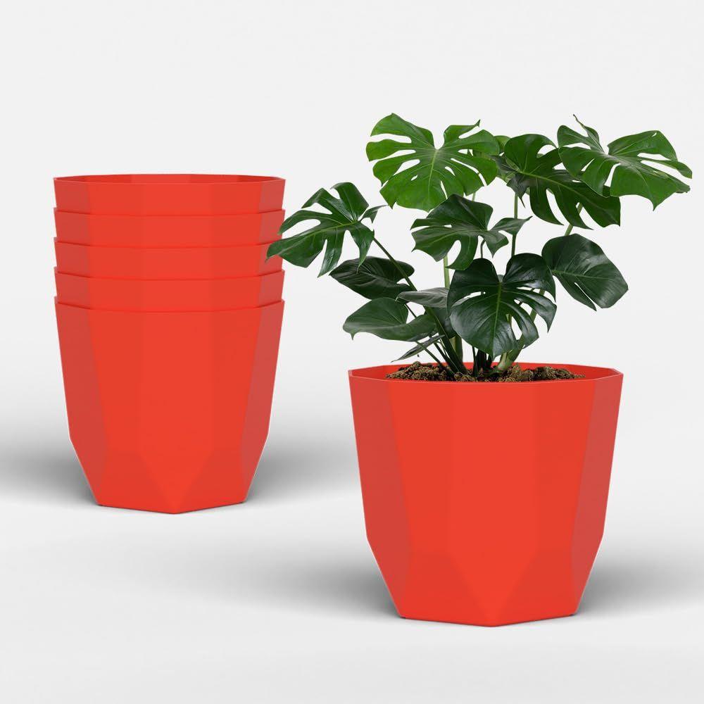 Гекса 6 дюймов Упаковка из 6 штук Пластиковый цветочный горшок для домашнего декора Комнатные цветочные горшки для гостиной Пластиковый цветочный горшок для сада (красный)