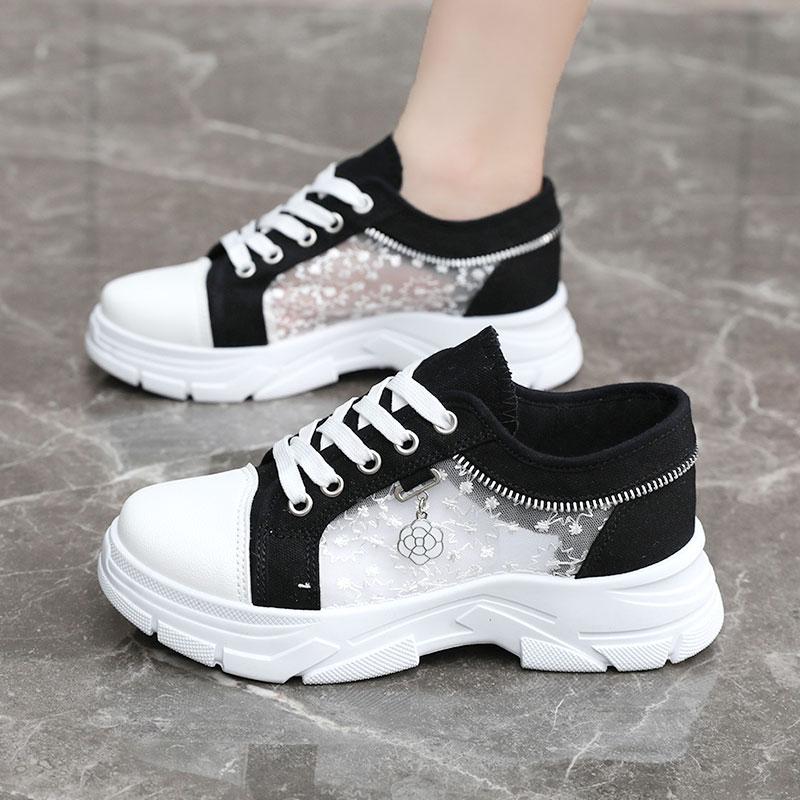 Мода Женская обувь Модная летняя повседневная обувь Вырезы Кружева Холст Полые дышащие Платформа Плоские туфли Женские кроссовки