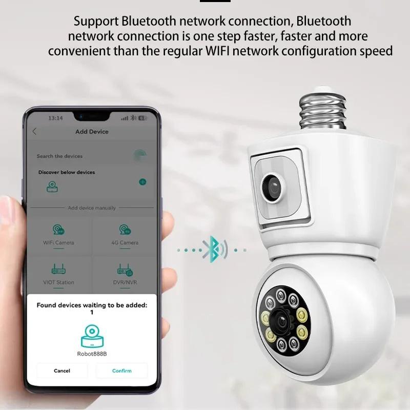 ICSEE 4K 8MP E27 Bulb WiFi камера с двумя объективами, двумя экранами, автоматическим слежением, двухсторонней аудиосвязью, цветным ночным видением, наружная камера безопасности