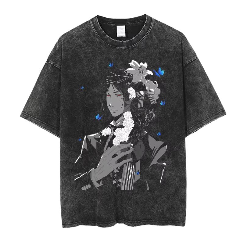 Anime Black Butler Sebastian Michaelis Cool Print Tee, Men Women Manga Vintage Washed Cotton Oversized Harajuku Streetwear Unisex Short Sleeve T-Shirt