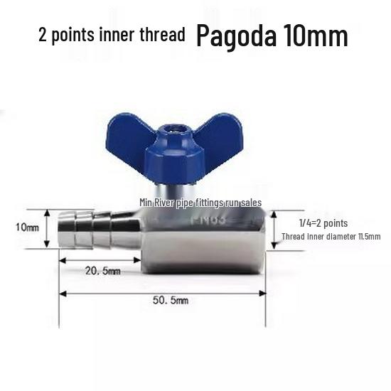 304 Stainless Steel Mini Ball Valve with Butterfly Handle, Internal/External Threads, High Pressure, 4-Way Pagoda Tube Connector.