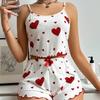 2 Pcs/Set Women Summer Pajamas Suit Adjustable Strap Sleeveless Heart Print Crop Top Shirring Bedroom Sleepwear Set