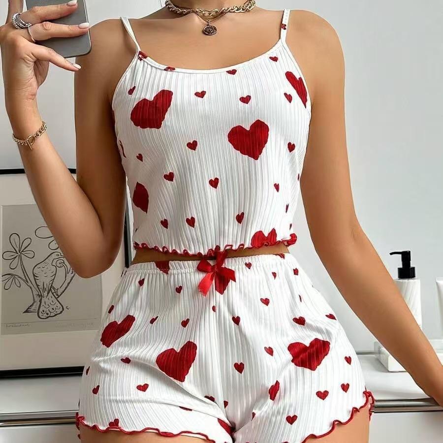2 Pcs/Set Women Summer Pajamas Suit Adjustable Strap Sleeveless Heart Print Crop Top Shirring Bedroom Sleepwear Set
