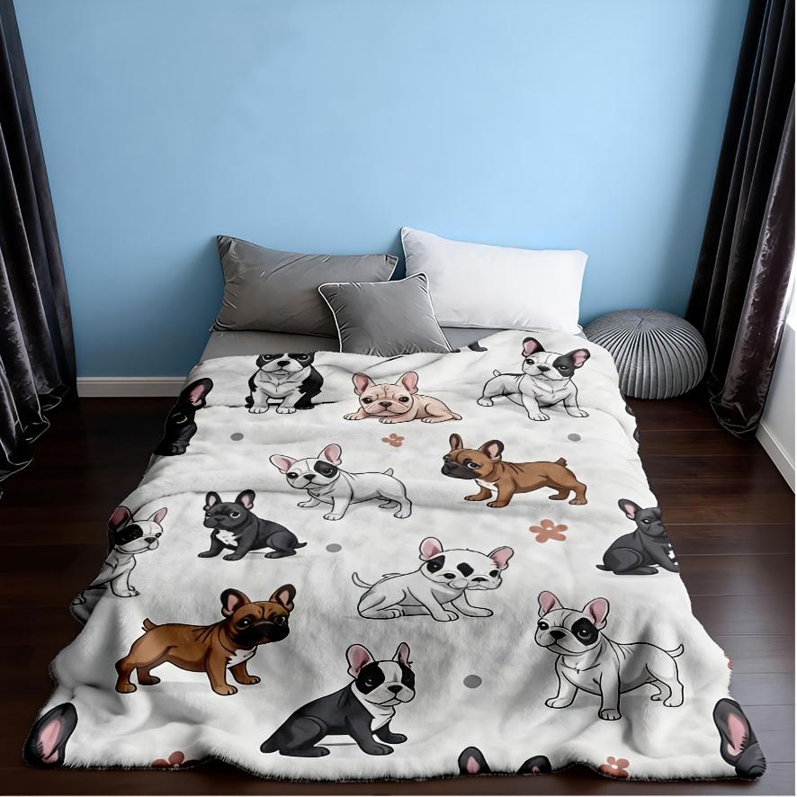 1pc French-Style Bulldog Print Plush Blanket/Comfortable, Lightweight, Soft Polyester Flannel with Cartoon Dog Design/Suitable for Sofa, Couch, Bed, O