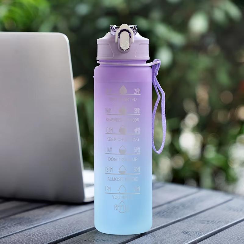0. 9 Liter Water Bottle with Straw Female Girls Large Portable Travel Bottles Sports Fitness Cup  Cold Water with Time Scale