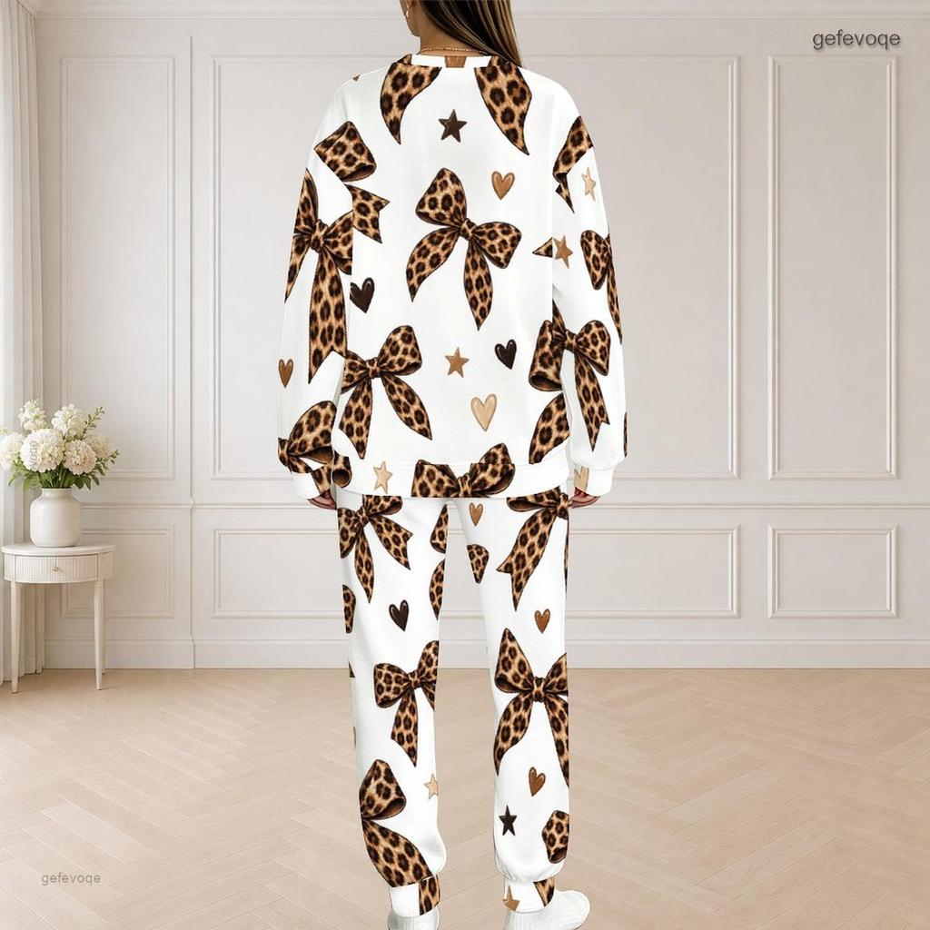 Women Plus Size White Printed Round Neck Long Sleeve Top With Pockets Long Pants Two Piece Set