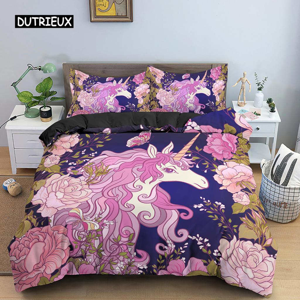 Пододеяльник с единорогом King Queen Комплект постельного белья с изображением животных из мультфильмов для детей и подростков, взрослых, милые белые волшебные существа, полиэстеровый пододеяльник
