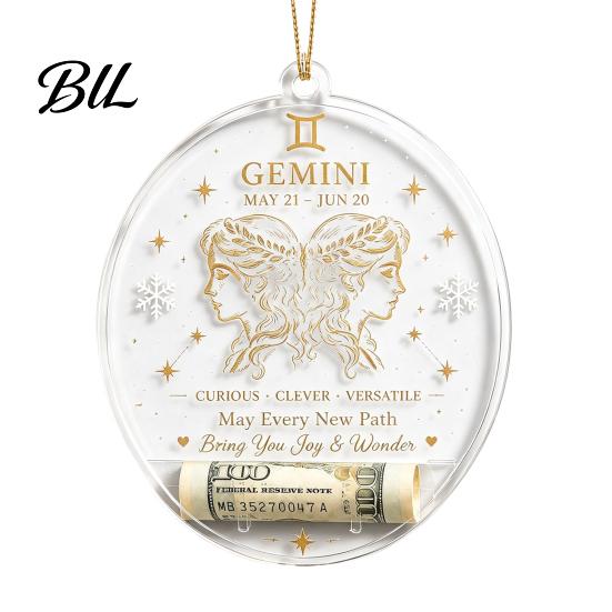 Acrylic Decorative Pendants Christmas Tree Money Holder Pendant, Transparent Round Hanging Ornament, 12 Decor Zodiac Signs Theme Accent for