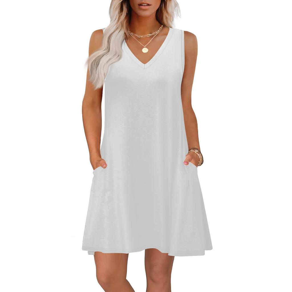 Women's Summer Dresses Loose Fit Solid Color V Neck Sleeveless Sundresses Beach Hawaiian Dress With Pockets