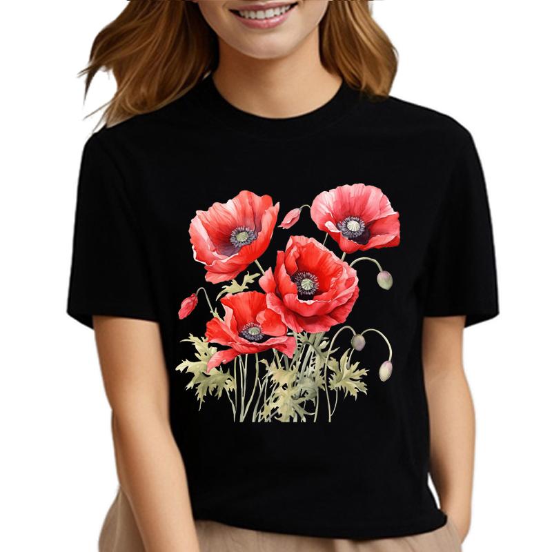 Модная красная футболка унисекс с принтом цветов и цветов, черная футболка с коротким рукавом, летняя футболка унисекс с принтом цветов в стиле Харадзюку для девочек