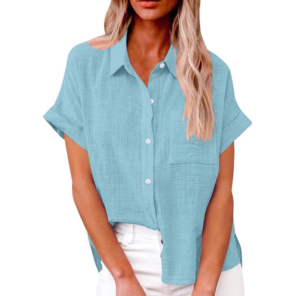 Women's Loose Casual Short Sleeve Lapel Button With Pocket Solid Colour Shirt Top