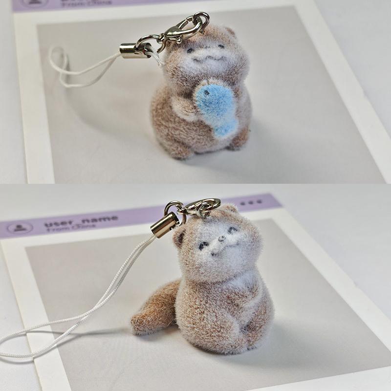 Lovely 3D Flocked Otter Pendant Keychain Cute Cartoon Backpack Charm Animal Keyring Bag Hanging Decoration Accessories