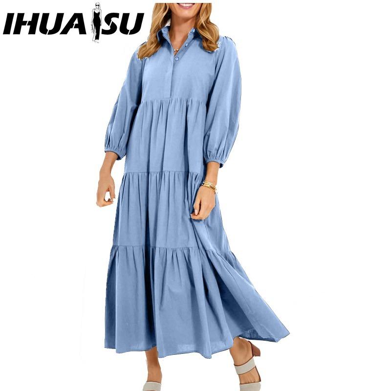 IHUASU Женская мода весна осень сплошной цвет печати с длинным рукавом ПОЛО шеи Высокая талия повседневные платья