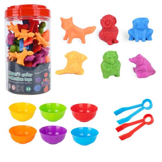 1 набор игрушек для подсчета животных с мисками, пинцетом, мультяшным динозавром, игрой на подсчет и сортировку цветов для малышей, мальчиков и девочек, обучающей игрой для дошкольников