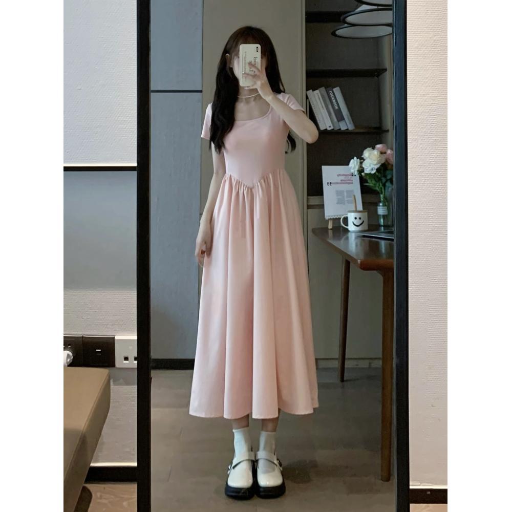 Pink square collar dress children's summer new small slim French casual temperament fairy first love long dress