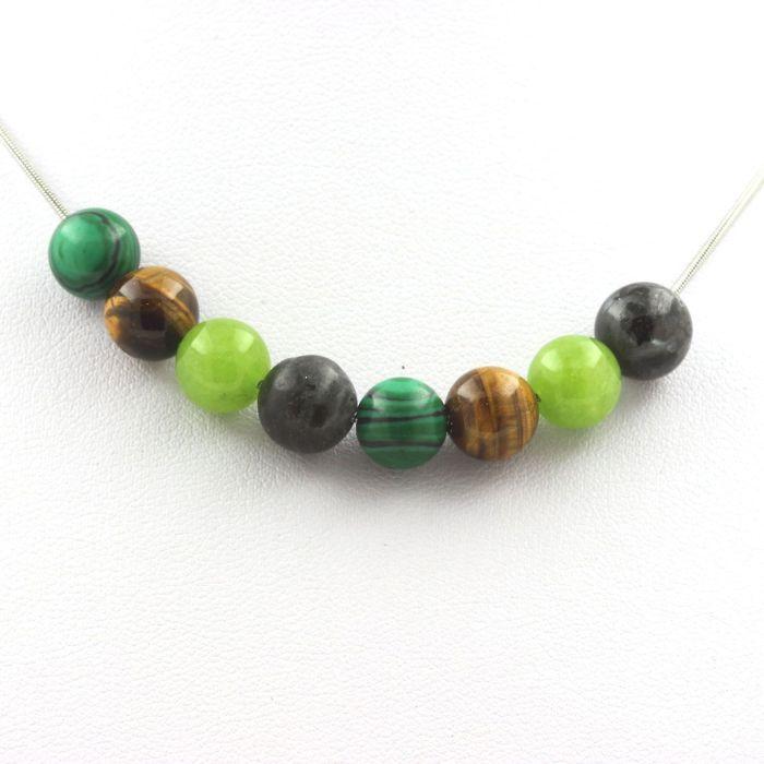 Stones and Minerals. Tiger Eye + Peridot + Labradorite + Malachite 8 Mm Pearl Necklace Stainless Steel Chain.