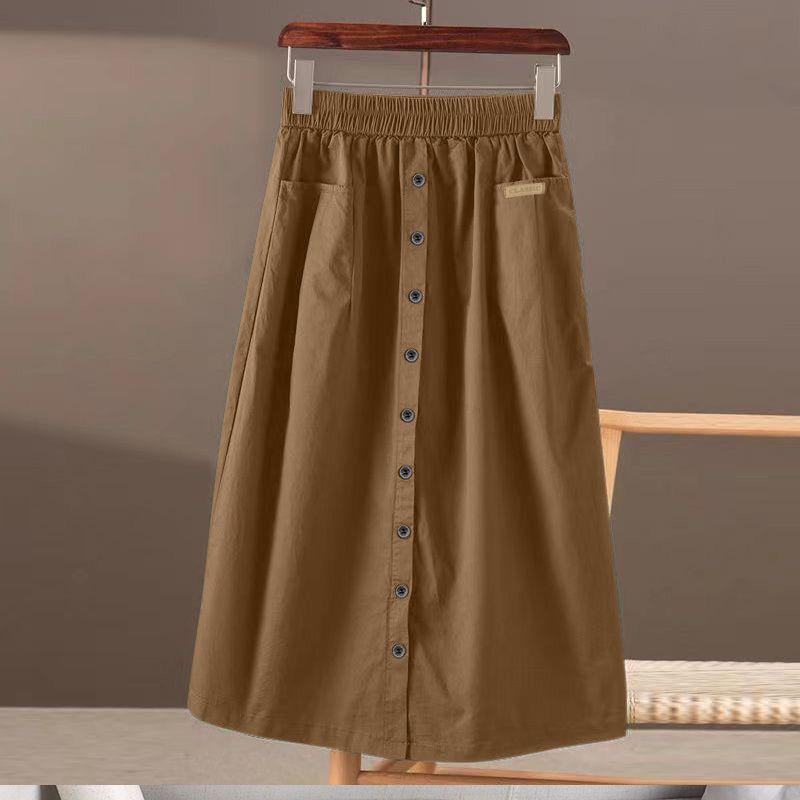Весенне-летняя эластичная юбка с высокой талией, большими карманами и разрезом для утягивающего эффекта, однотонная юбка А-силуэта средней и длинной длины