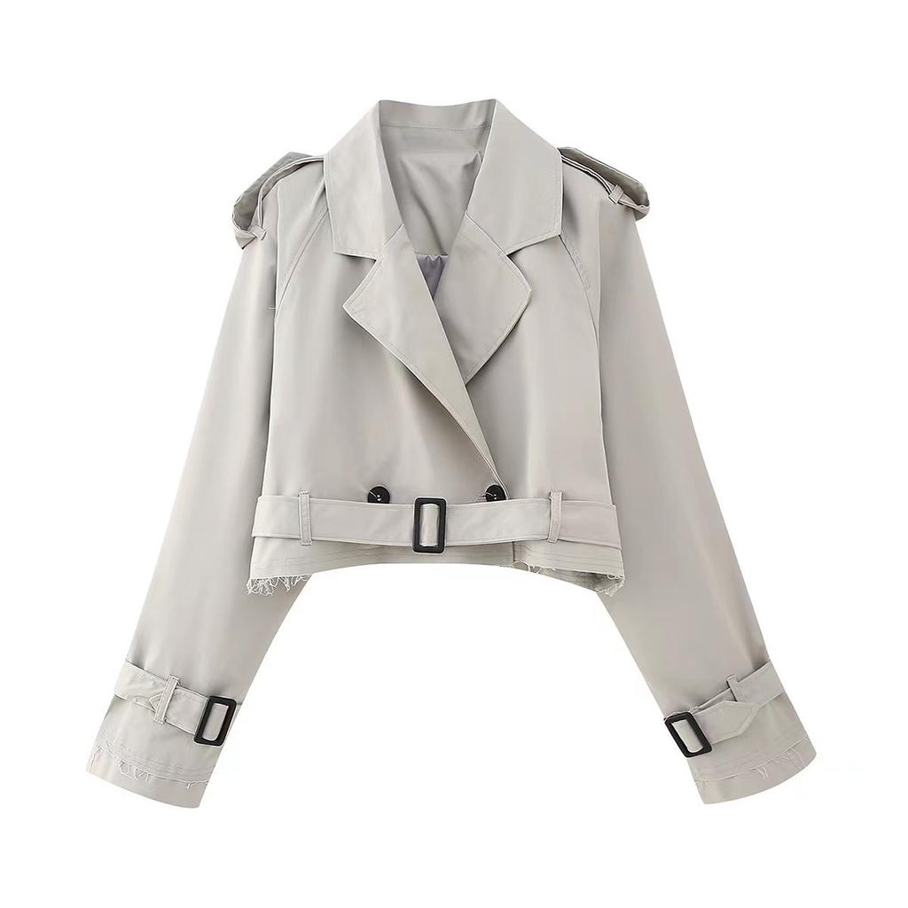 Vintage Belt Cropped Trench Jacket Women Long Sleeve Lapel Fashion Coat Autumn Winter Double Breasted Tops Female Streetwear
