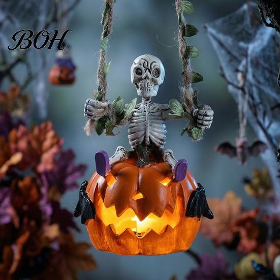 Halloween Skeleton Ornament Swing with Lighted Pumpkin, Light-up Ornament, Figurine Hanging Statue for Indoor Front Porch Decor Resin Bone