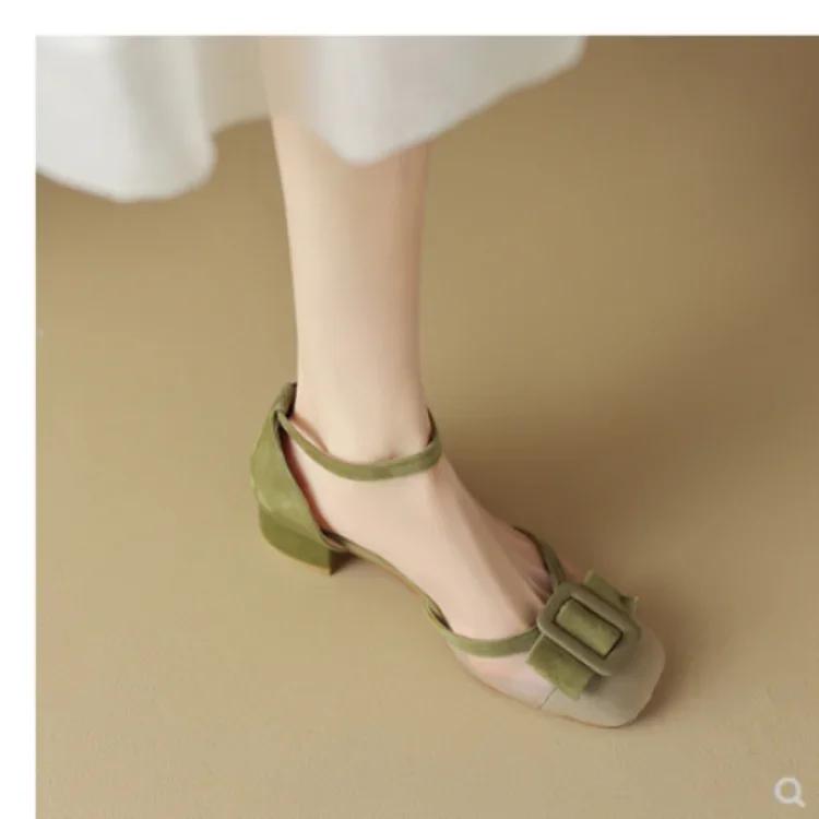 Модные туфли на высоком каблуке с сеткой, весна-лето 2024 года, брендовые босоножки с квадратной пряжкой и бантом, женские туфли в стиле Ins, туфли на толстом каблуке для выпускного вечера