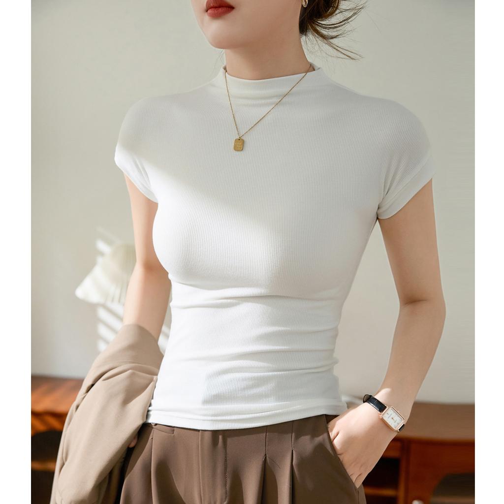 Women's Summer Shoulder Inserted Short-sleeved Thin Stand-up Collar Half-high Neck Tight T-shirt