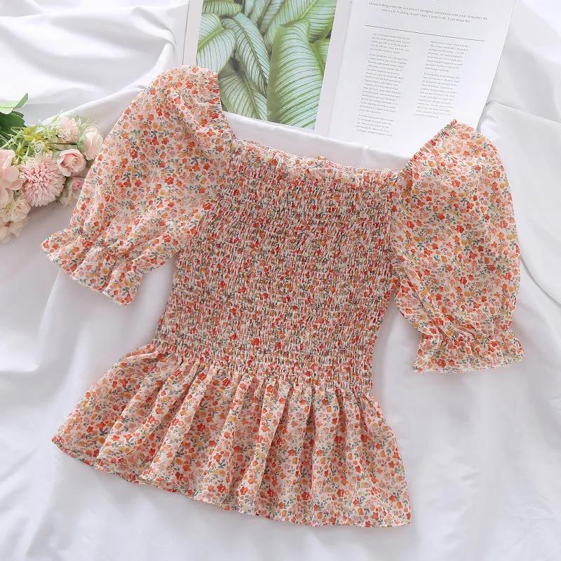 Women's Puff Sleeve Chiffon Shirt Off Shoulder Square Neck T-Shirt Slim Fit Women's Floral Top Womens Blouses