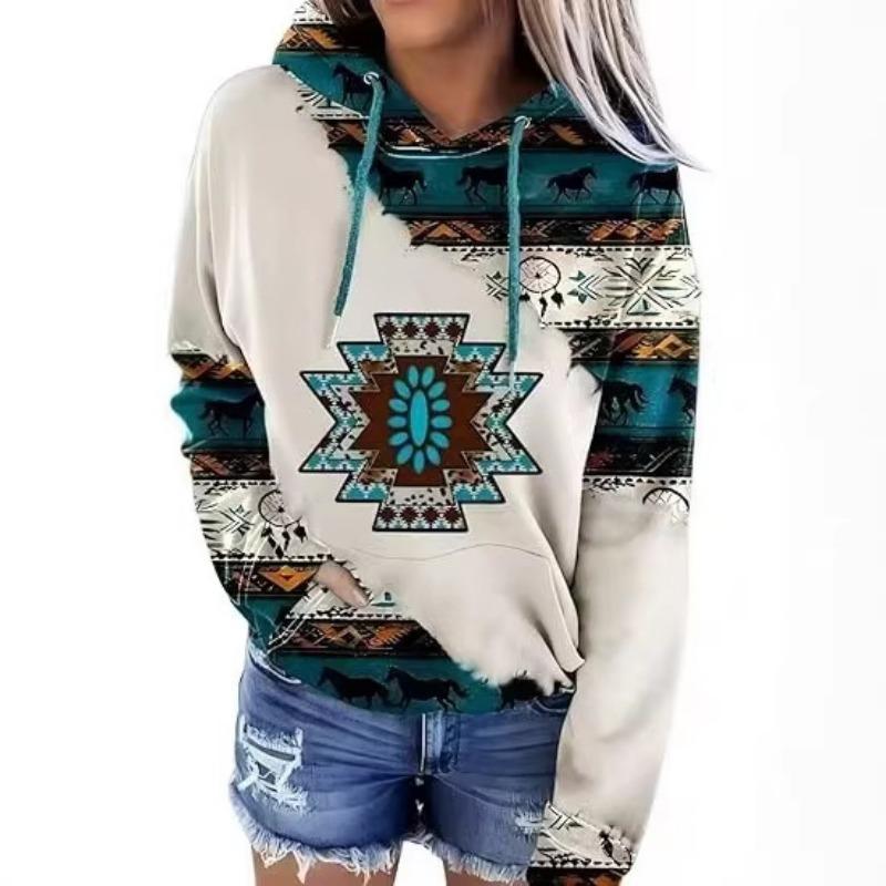 Women Western Ethnic Style Printed Hooded Sweatshirt Fall Winter