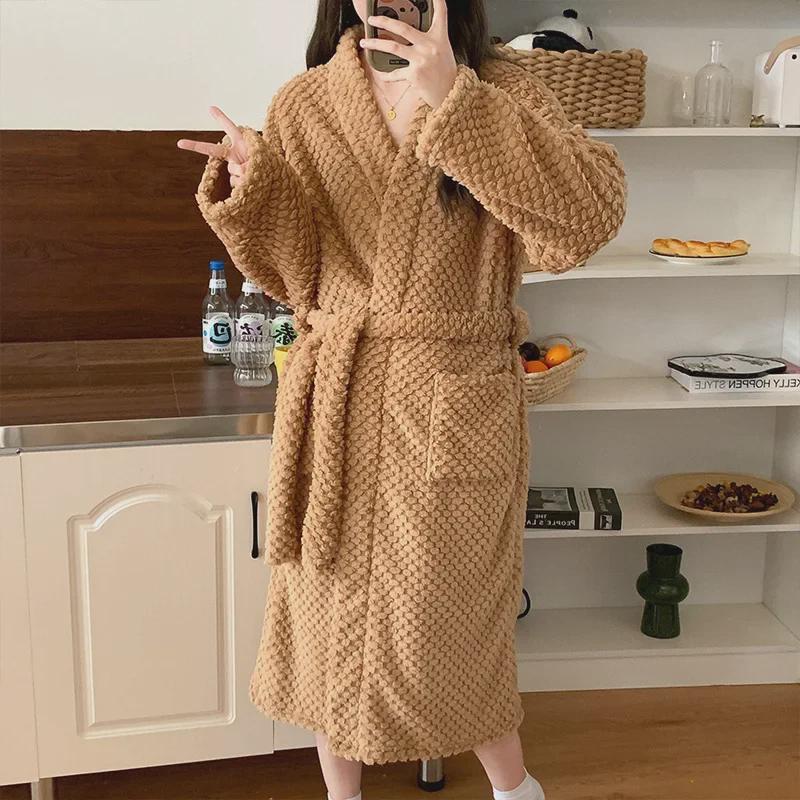 Женский зимний халат из кораллового флиса - средней длины, плотный, фланелевая пижама для пар