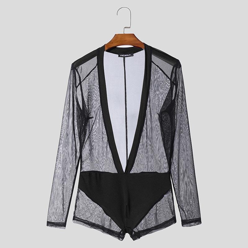 INCERUN Мужские комбинезоны с глубоким V-образным вырезом и сетчатым прозрачным узором в стиле пэчворк