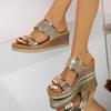Leisure Gold Glitter Straps Slides Women 2025 Summer Chunky Platform Wedges Slippers Women Round Toe High Heels Sandals Women