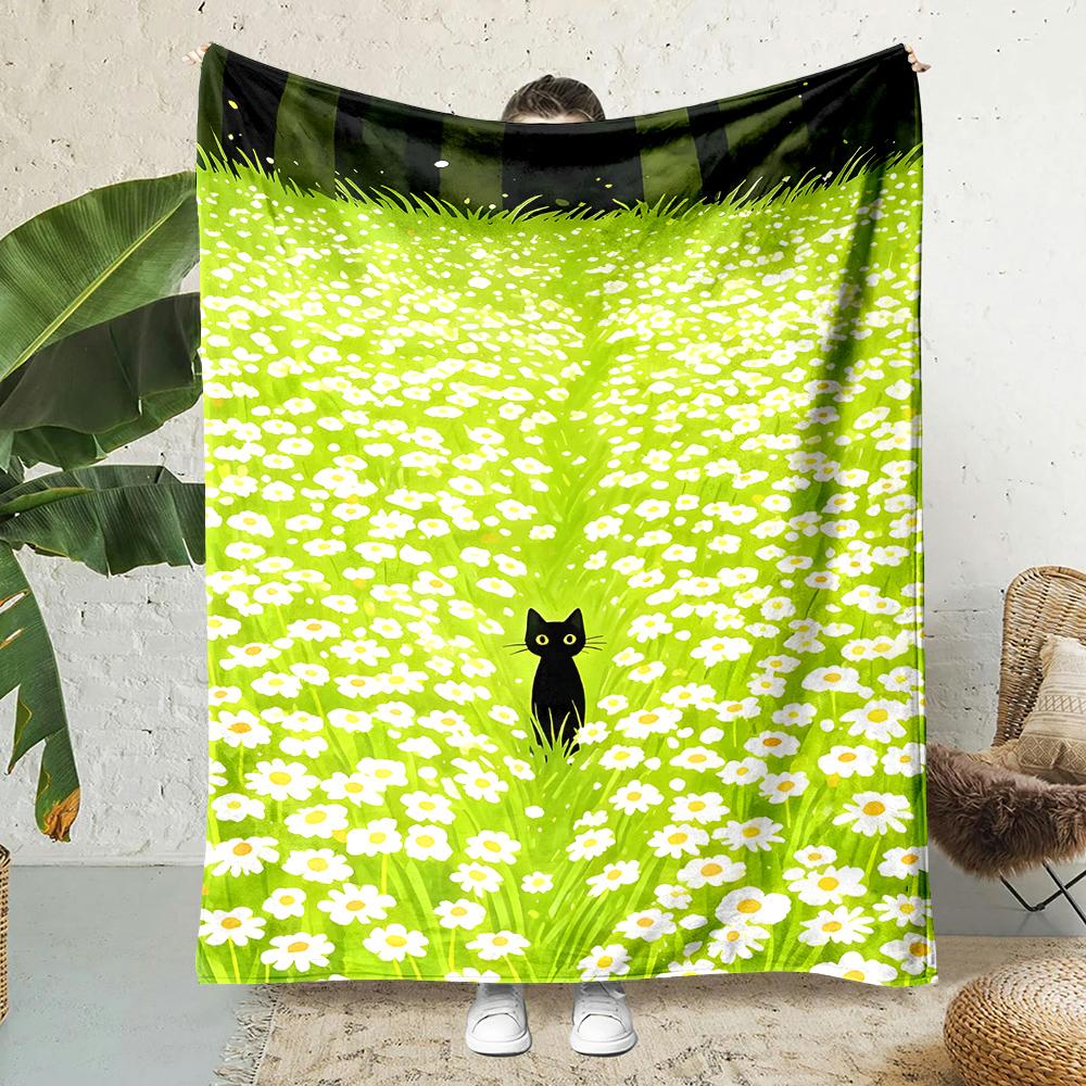 1PC Black cat daisy field path Print Blanket Warm Soft Fluffy s and Adult Sofa Bed Throw Blanket Outdoor Travel Camping RV