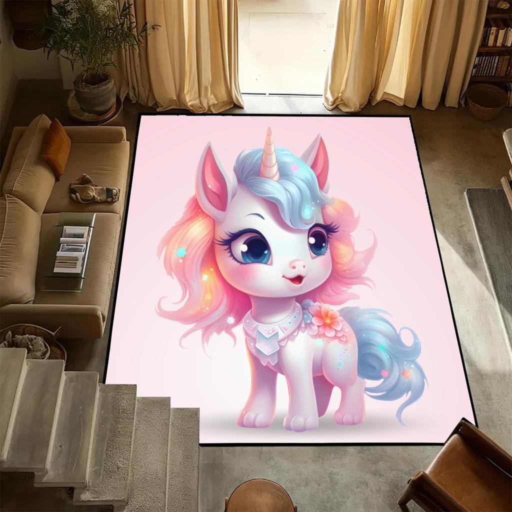 Cute Pink Unicorn Cartoon Printed Carpet Living Room Bedroom Decor Non-slip Parlor Floor Mat Surface Smooth Carpet Birthday Gift