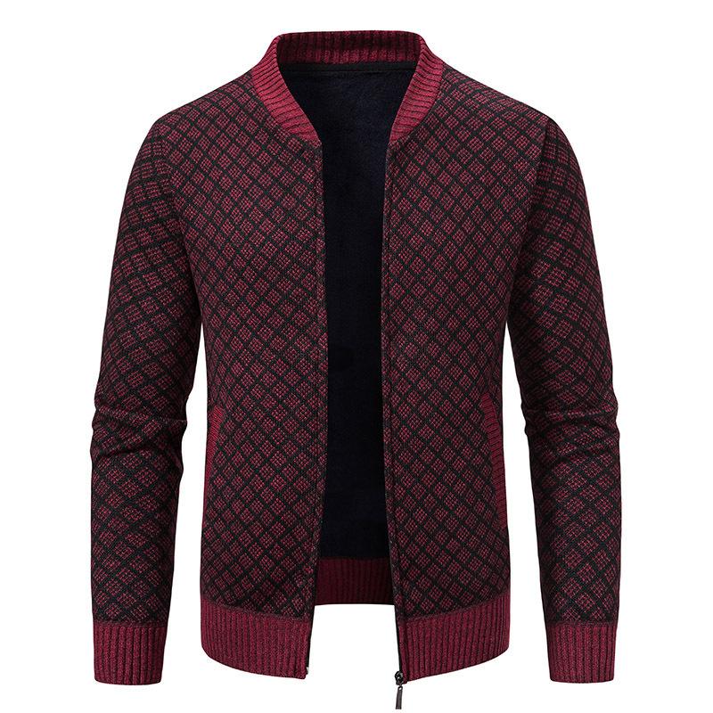 Autumn and winter fleece thickened casual cardigan sweater men's stand-up collar wearing hooded zipper knitted sweater jacket