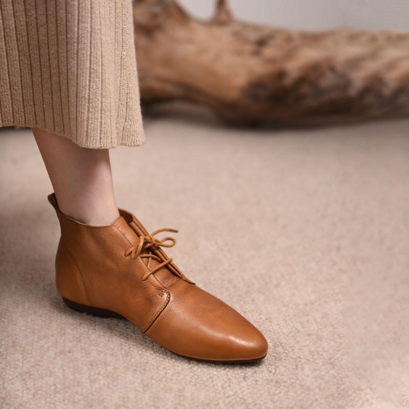 Распродажа модной женской обуви Новые женские ботинки на шнуровке Осенние заостренные носки Твердые короткие бочонки на низком каблуке Модные ботинки Zapatos De Mujer