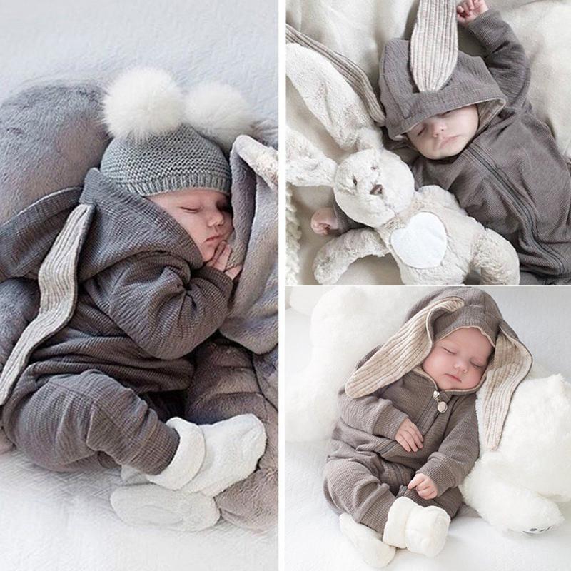 Baby 3d Rabbit Ear Long Romper Cute Long Sleeve Hoodie Jumpsuits Toddler Winter Warm Outwear