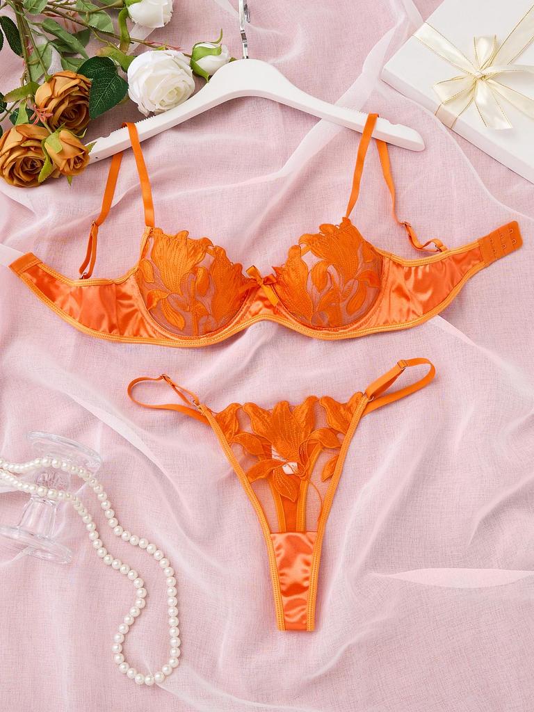 Sweet Lace Embroidered Mesh See-Through Lingerie Set