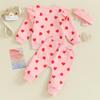 Toddler Girls Valentine's Day Sets Long Sleeve Heart Print Sweatshirt Drawstring Pants Headband Sets