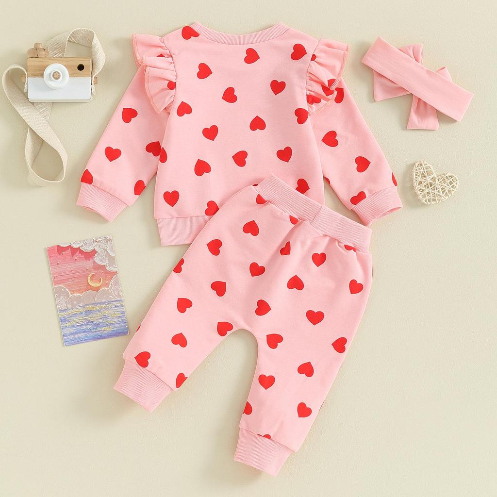 Toddler Girls Valentine's Day Sets Long Sleeve Heart Print Sweatshirt Drawstring Pants Headband Sets