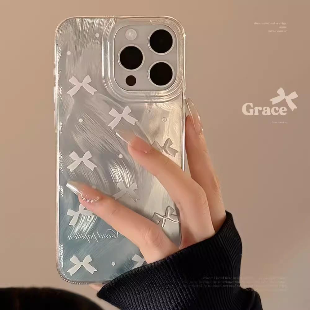 Роскошный лазерный серебристый чехол с бантом для iPhone 17 Air 16 15 14 13 12 11 Pro Max Plus 16E 7 8 SE2 X XS XR Противоударный бампер Fundas