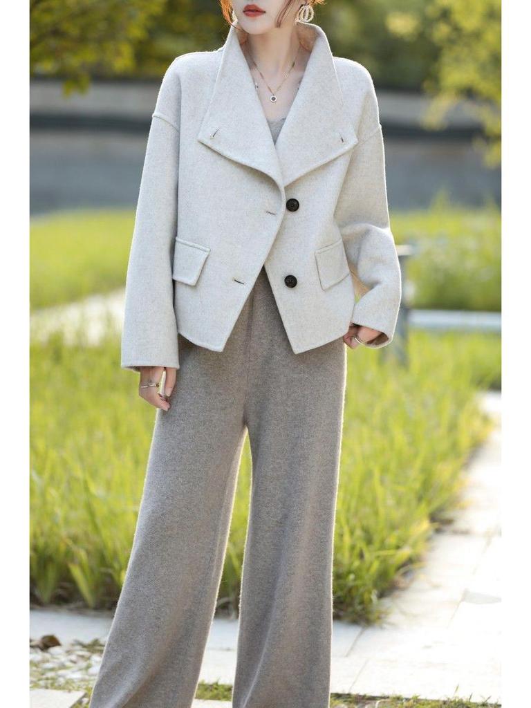 Women's Petite Double-Faced Cashmere Coat - Short Stand Collar, Pure Wool, Loose Slimming Fit for Autumn/Winter