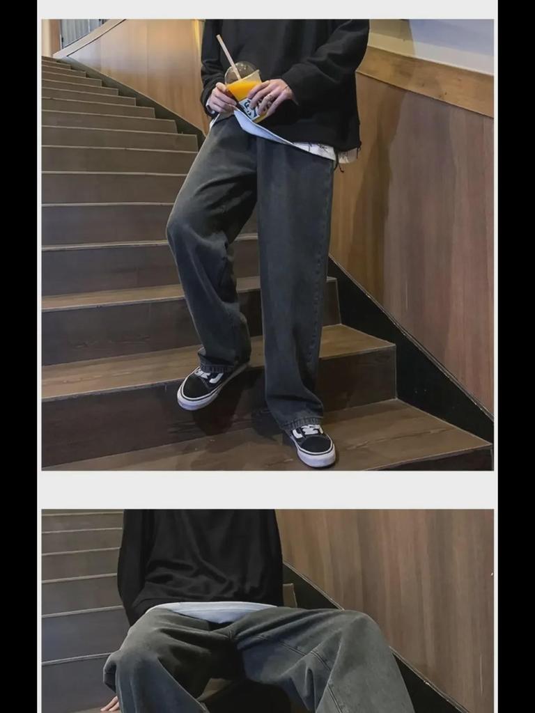 Men's Black Retro Wide-Leg Jeans - New Autumn Trend, High Street Style, Straight Loose Fit, Large Size Available.