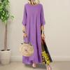 Women Summer Fall Dress Retro Print Patchwork Round Neck Color Matching Three Quarter Sleeves A-line Big Hem Lady Maxi Dress