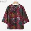 Women Casual Round Neck Loose 3/4 Sleeve Print Cotton Blouse