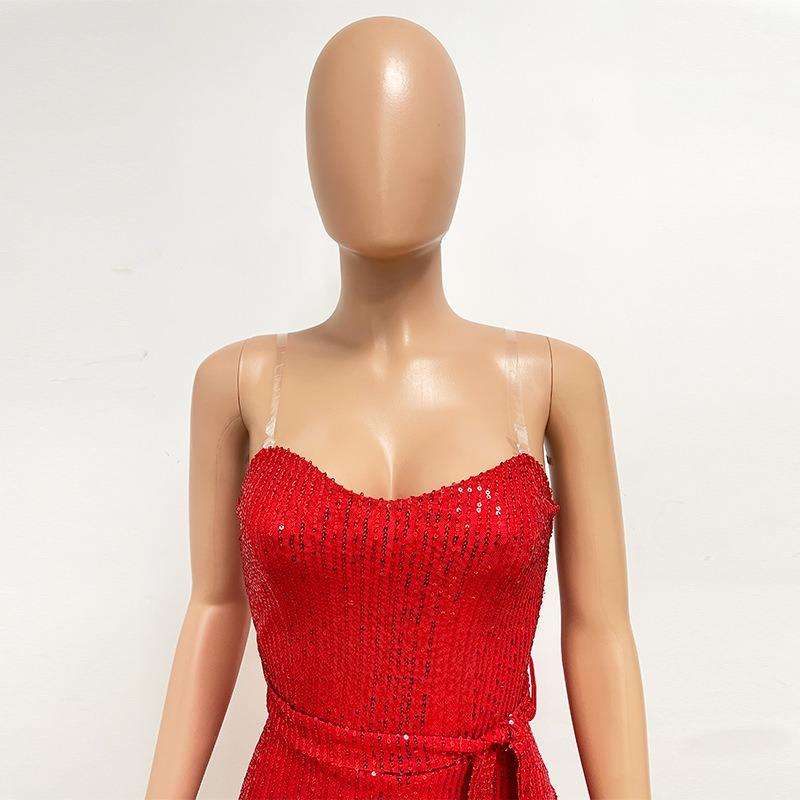 Женский комбинезон без рукавов с поясом из пайеток, однотонный, с открытой грудью и спиной