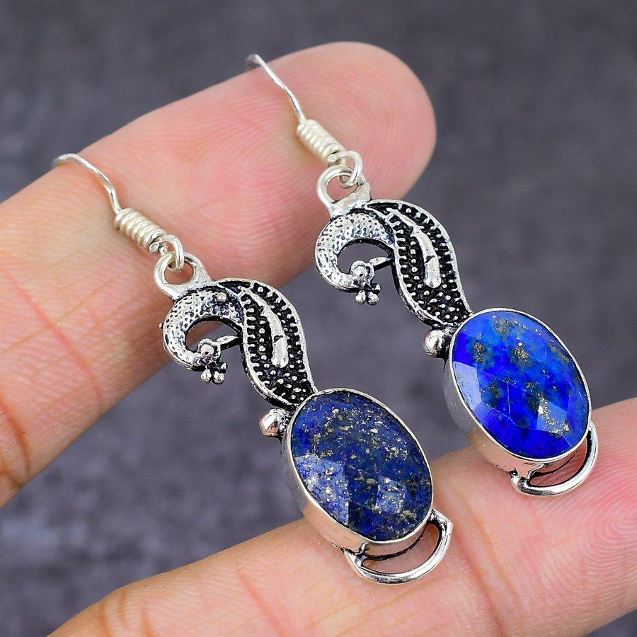 Лазурит Драгоценный камень 925 Стерлинговое серебро Подарок Ювелирное изделие Серьга 2.01"