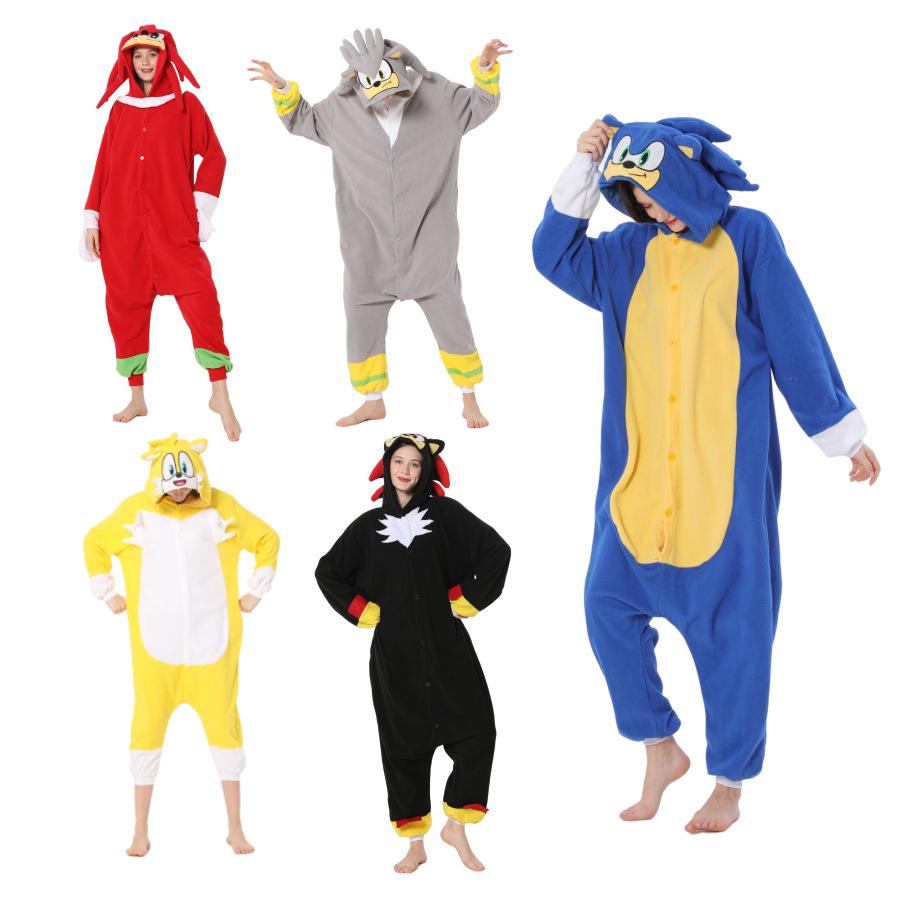 Sonic Animals Coral Fleece Cartoon Onesie Pajamas - Long Sleeve, for Couples, Autumn/Winter Home Wear.